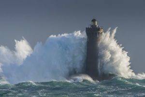 lighthouse, Waves, Water