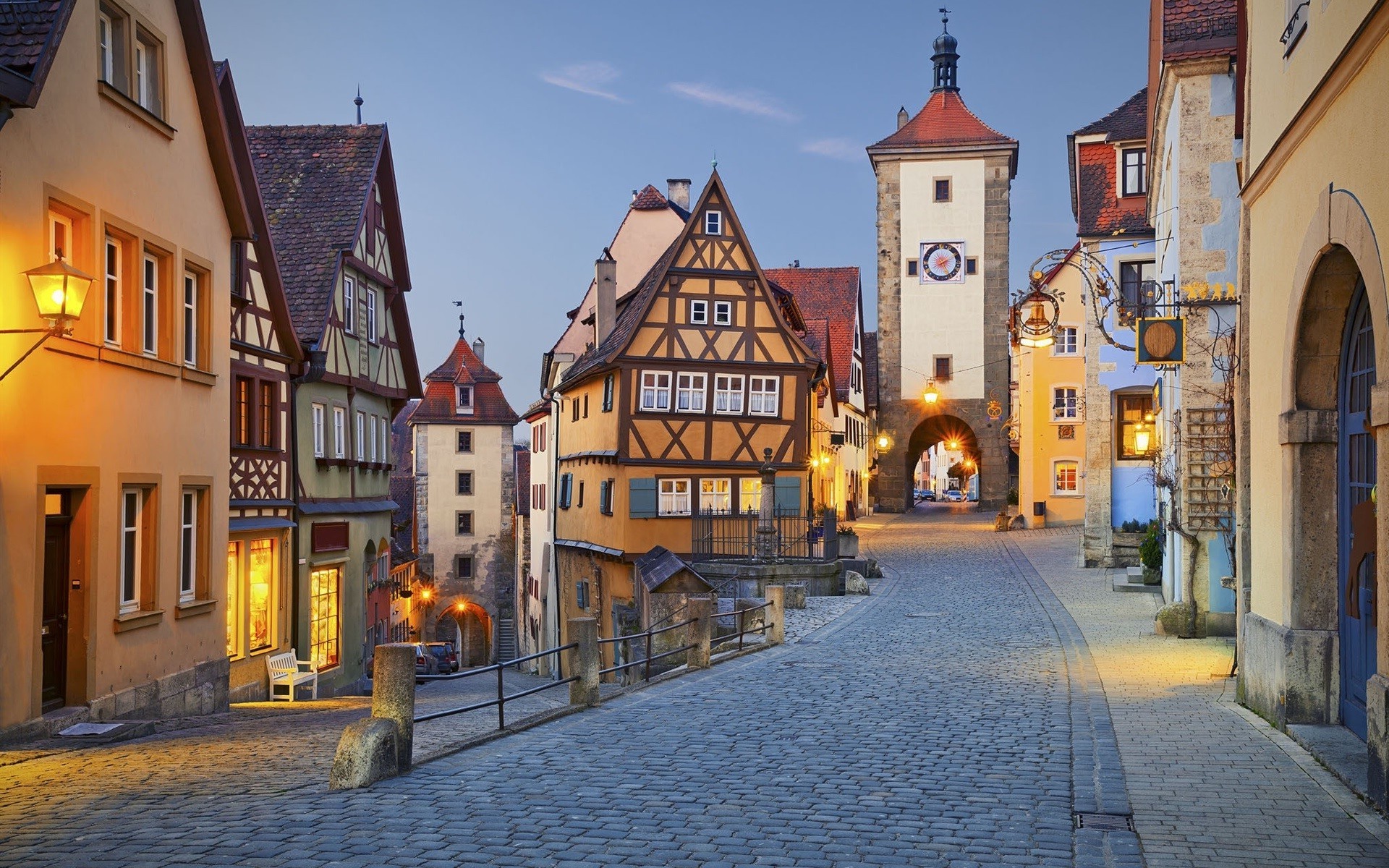 Germany, Street, Street light, House, City, Village, Clear sky Wallpaper