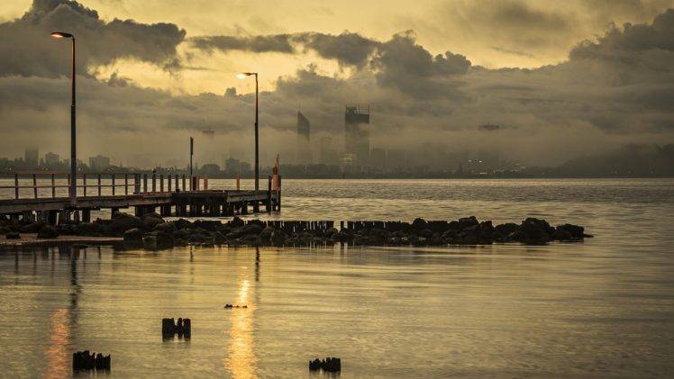 city, Cityscape, Sea, Water, Pier, Clouds, Skyscraper, Dock, Mist HD Wallpaper Desktop Background