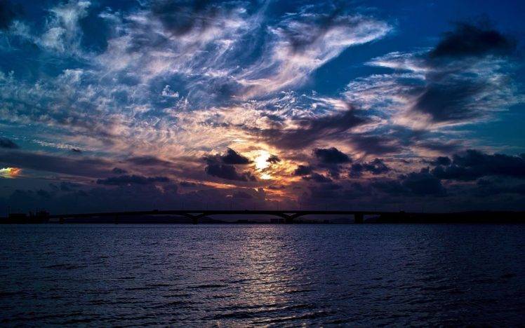 bridge, Sea, Clouds, Sunset, Water HD Wallpaper Desktop Background