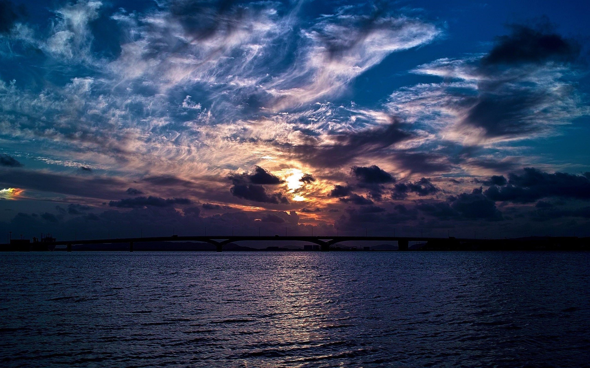 bridge, Sea, Clouds, Sunset, Water Wallpaper