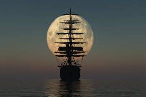 moon, Ship, Sea