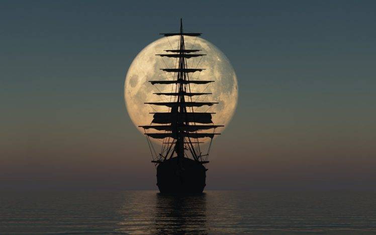 moon, Ship, Sea HD Wallpaper Desktop Background