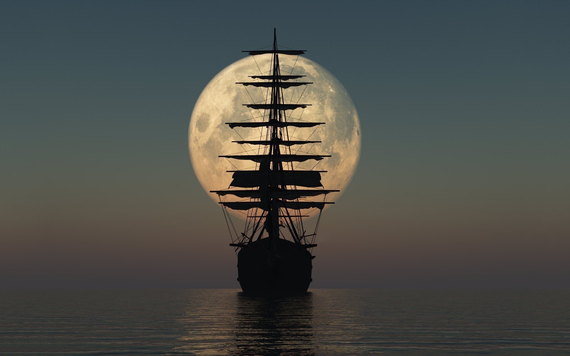 moon, Ship, Sea Wallpaper
