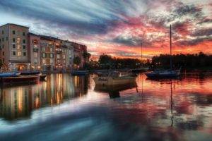 Portofino, Italy, Boat, Sea, Water, Reflection, Sunset, Clouds, Building, City