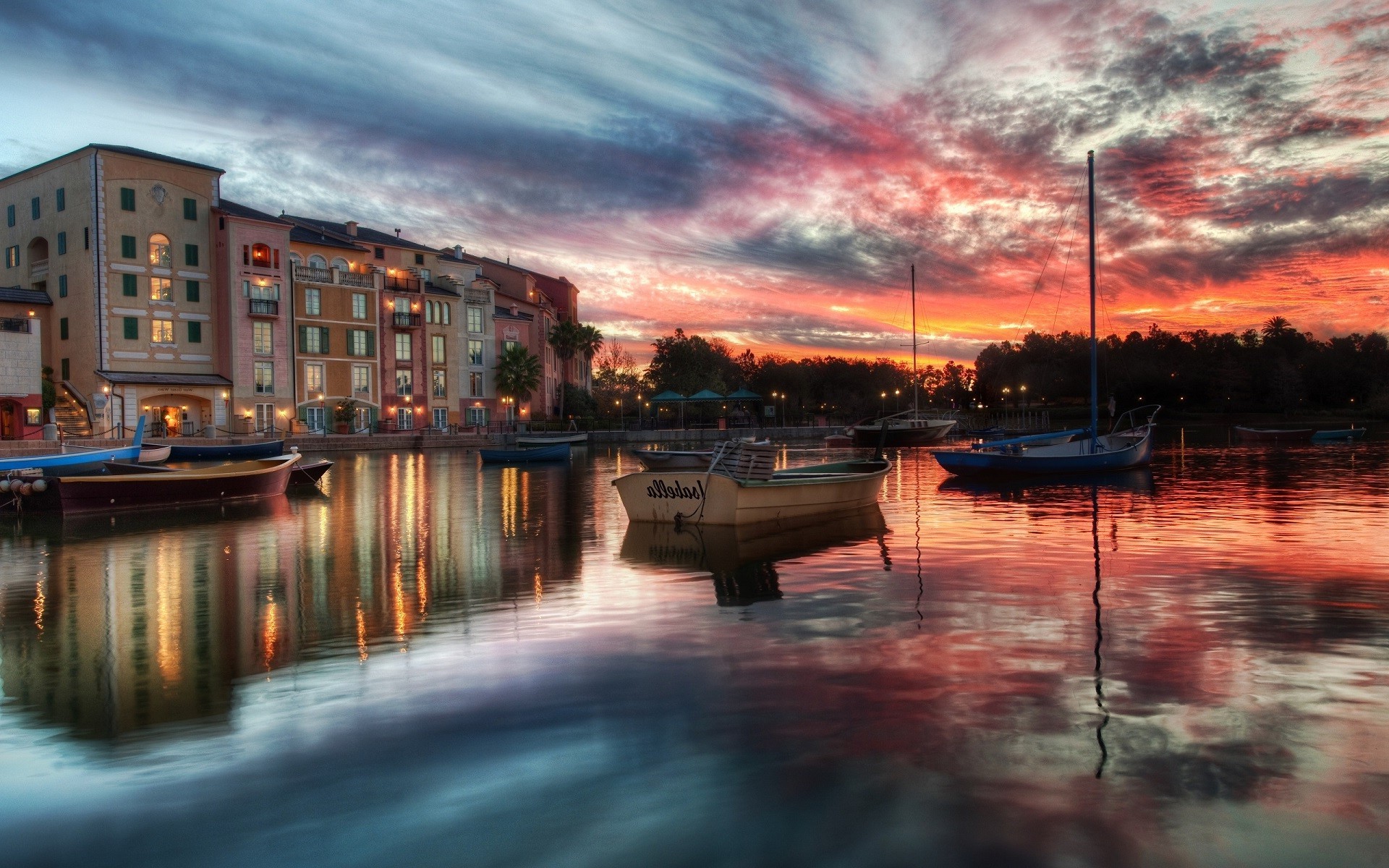 Portofino, Italy, Boat, Sea, Water, Reflection, Sunset, Clouds, Building, City Wallpaper