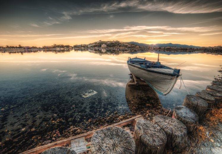 boat, Sea, Water, Wood, Log, Sunset, Clouds HD Wallpaper Desktop Background