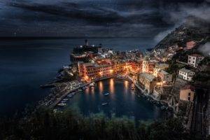 city, Cityscape, Cinque Terre, Italy, Night, Stars, Sea, Boat, Building, Dock