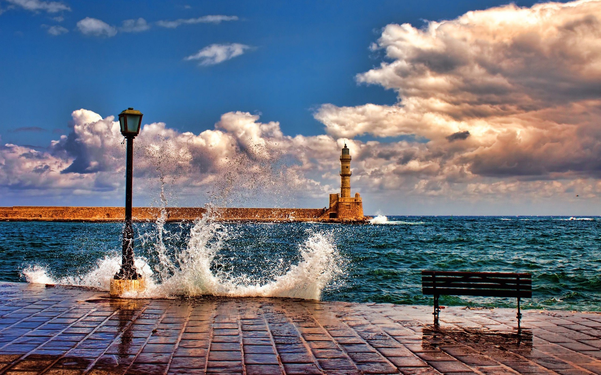 nature, Architecture, Landscape, Sea, Waves, Lighthouse, Clouds, Greece, Bench, Lamp, Horizon, Crete, Coast, Sky Wallpaper