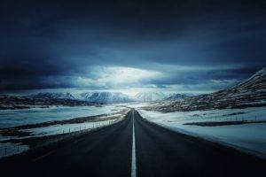 road, Mountain, Snow, Clouds