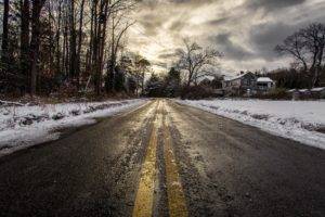 snow, Road, Winter, House, Building, Trees, Overcast