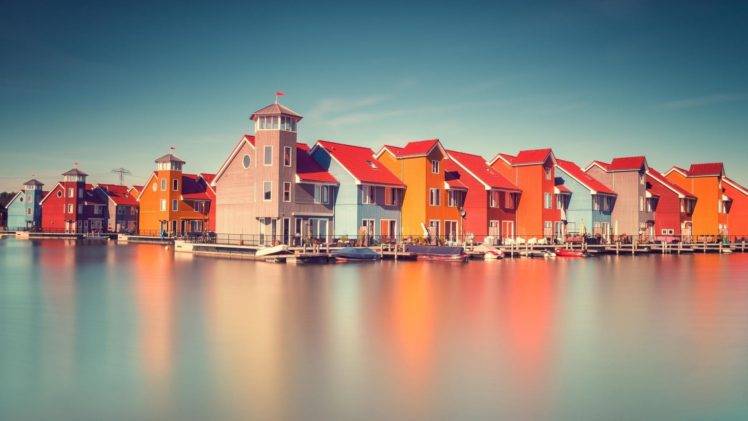 architecture, Building, Water, Reflection, Long exposure, House, Netherlands, Pier, Boat, Clouds, Colorful, Window, Europe, Calm HD Wallpaper Desktop Background