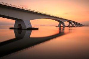 bridge, Sunset, Evening, Reflection, Water