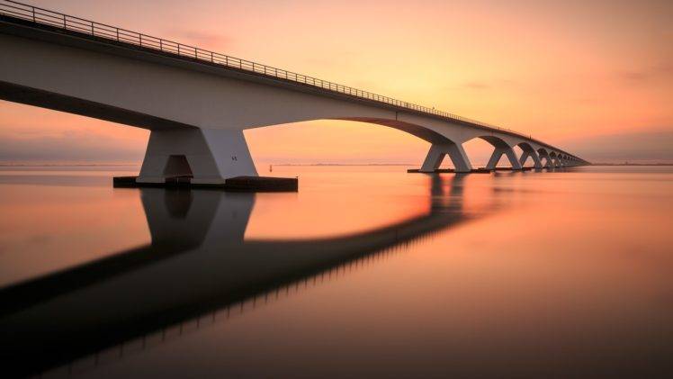 bridge, Sunset, Evening, Reflection, Water HD Wallpaper Desktop Background