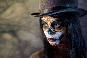 women, Face, Artwork, Photography, Sugar Skull, Top hat, Closeup, Voodoo, Hat, Dia de los Muertos