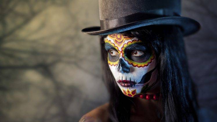 women, Face, Artwork, Photography, Sugar Skull, Top hat, Closeup, Voodoo, Hat, Dia de los Muertos HD Wallpaper Desktop Background