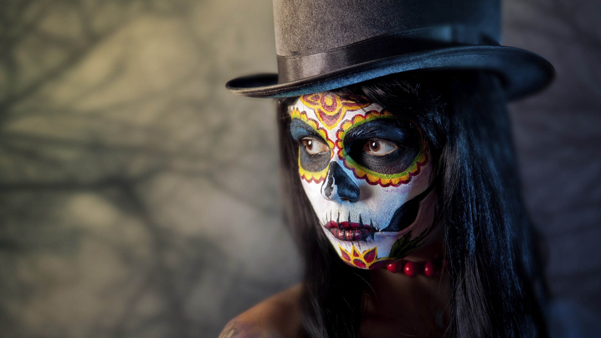 women, Face, Artwork, Photography, Sugar Skull, Top hat, Closeup, Voodoo, Hat, Dia de los Muertos Wallpaper