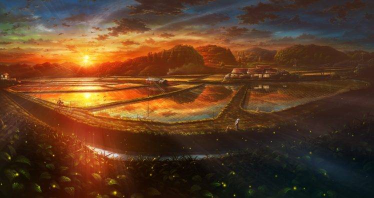 Japanese, Farm, Japan, Sunlight, Terraced field, Leaves, Artwork, Fireflies HD Wallpaper Desktop Background