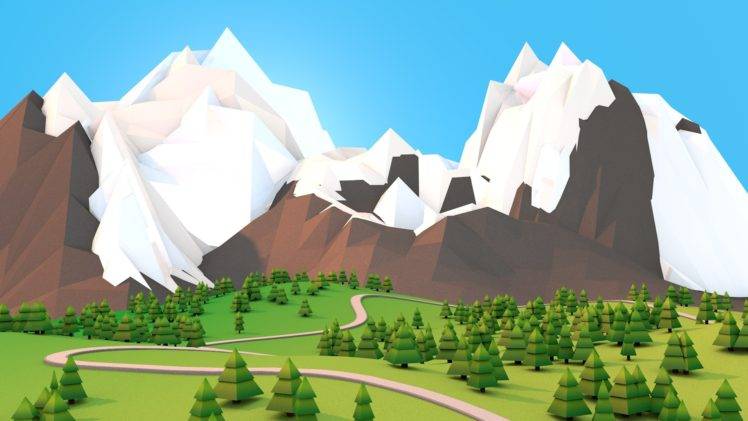 artwork, Mountains, Forest, Snow, Low poly HD Wallpaper Desktop Background