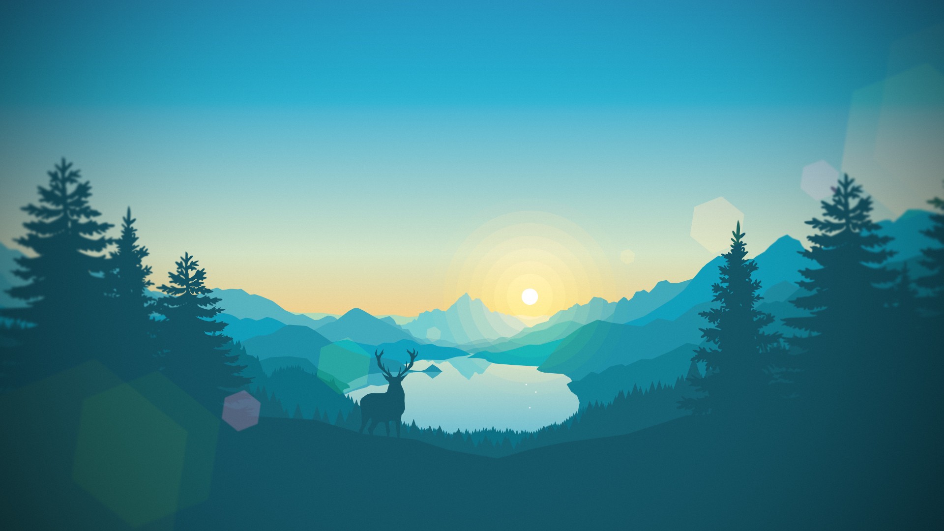 deer, Trees, Lake, Mountains, Artwork Wallpaper