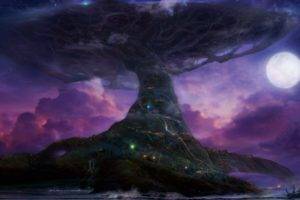 Teldrassil, World of Warcraft, World Tree, Trees, Moon, Purple, Darnassus