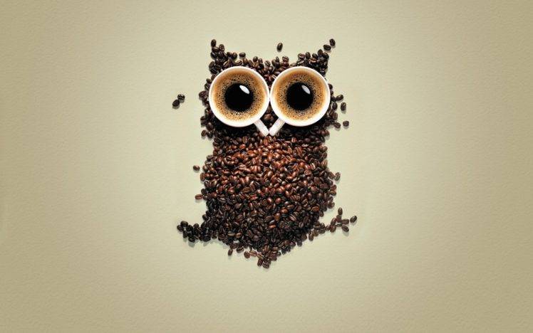 digital art, Owl, Coffee beans, Cup HD Wallpaper Desktop Background