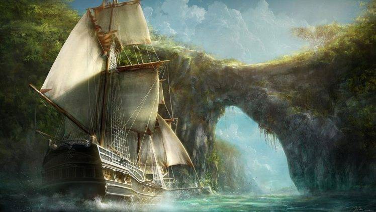 artwork, Boat, Ship, Sailing, Digital art HD Wallpaper Desktop Background