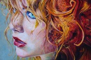 women, Face, Freckles, Redhead, Blue eyes, Artwork