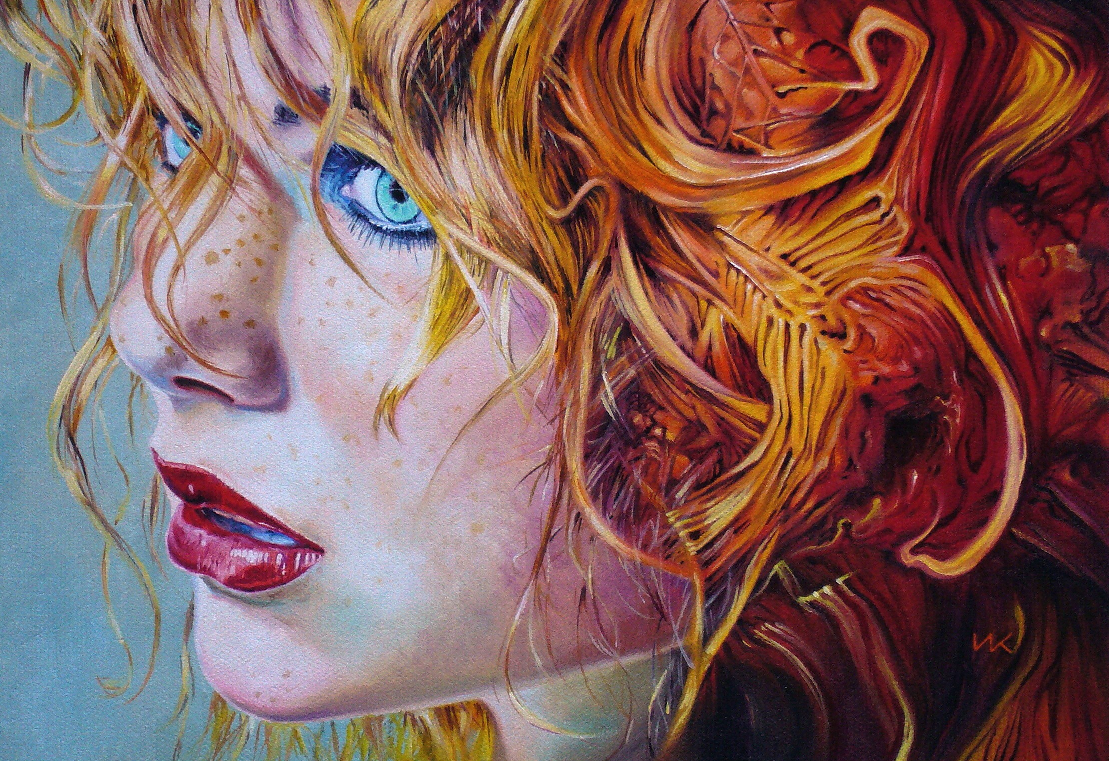 women, Face, Freckles, Redhead, Blue eyes, Artwork Wallpaper