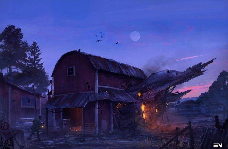 farm, Spaceship, Moon, Barns, Digital art, Science fiction HD Wallpaper Desktop Background