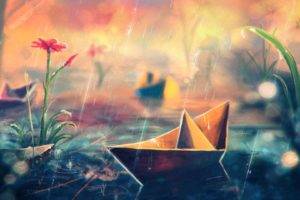 Sylar, Artwork, Flowers, Paper boats, Rain, Water