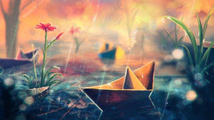 Sylar, Artwork, Flowers, Paper boats, Rain, Water HD Wallpaper Desktop Background