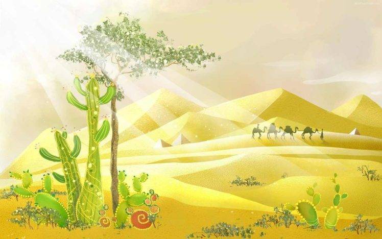 artwork, Desert, Cactus, Camels, Sand HD Wallpaper Desktop Background
