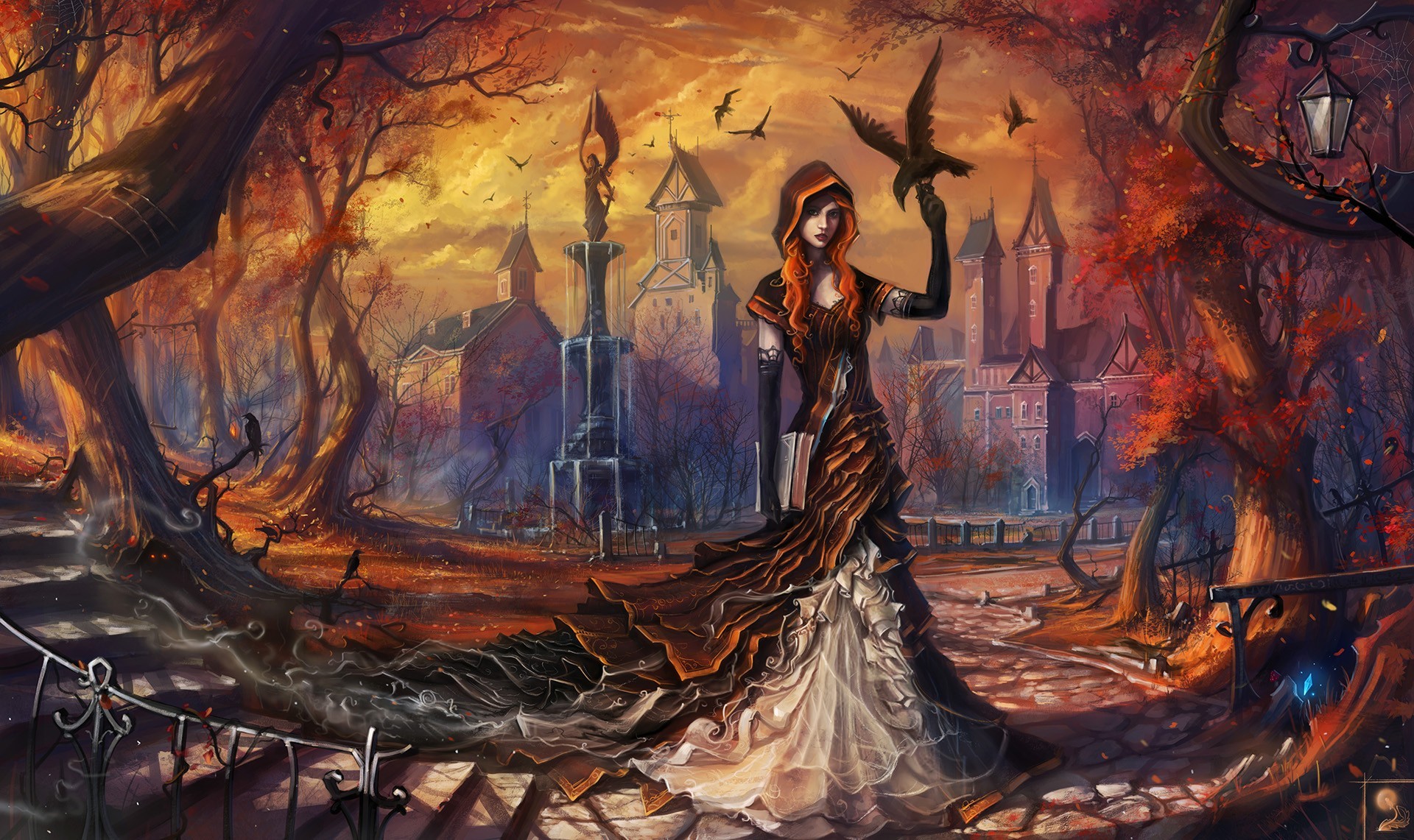artwork, Painting, Crow, Fountain, Village, Haryarti Wallpaper
