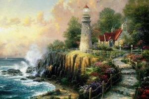 artwork, Thomas Kinkade, Painting, Stairs, Lighthouse, Coast