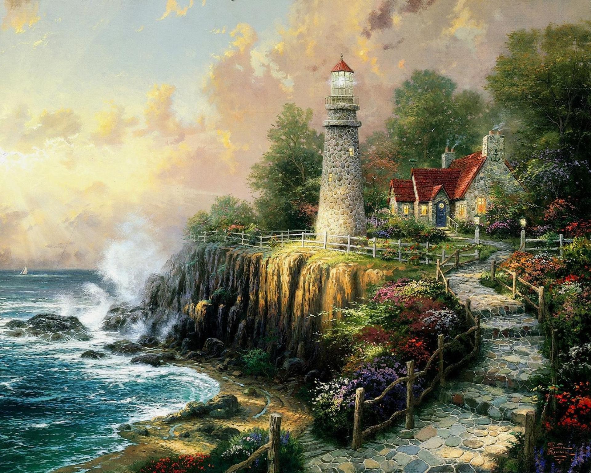 artwork, Thomas Kinkade, Painting, Stairs, Lighthouse, Coast Wallpaper