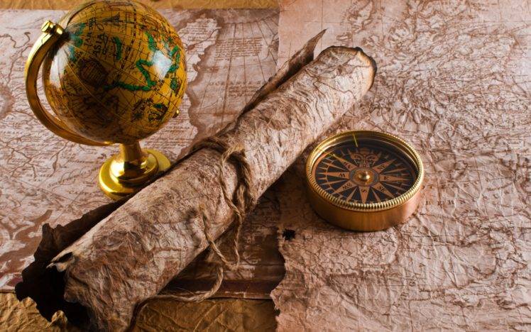 artwork, Globes, Map, Compass, Scrolls HD Wallpaper Desktop Background