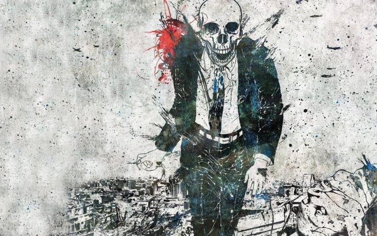 skull, Alex Cherry, Businessmen, Grunge, Artwork, Paint splatter HD Wallpaper Desktop Background