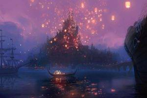 Disney, Tangled, Sky lanterns, Ship, Boat, Artwork