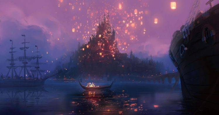 Disney, Tangled, Sky lanterns, Ship, Boat, Artwork HD Wallpaper Desktop Background