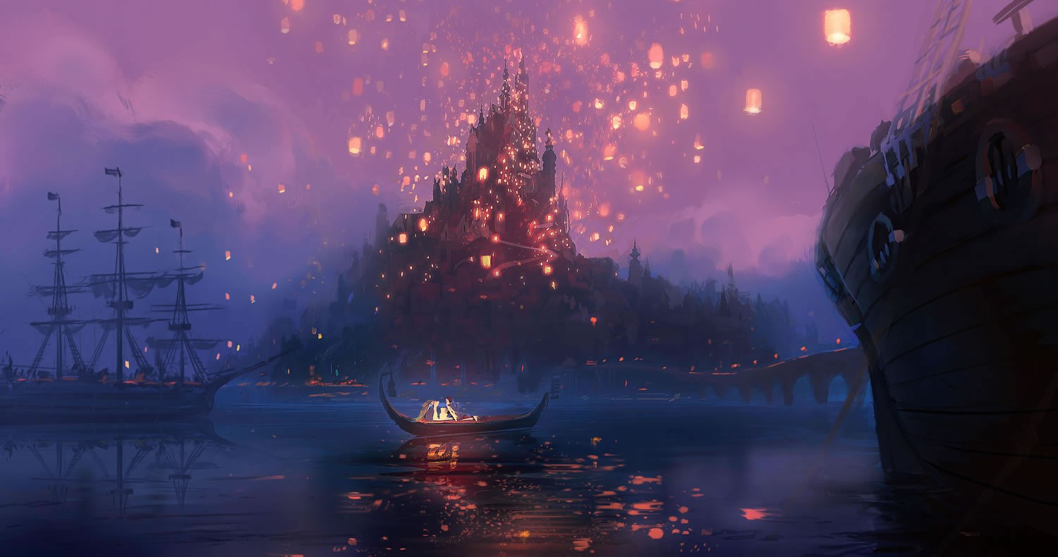 Disney, Tangled, Sky lanterns, Ship, Boat, Artwork Wallpaper