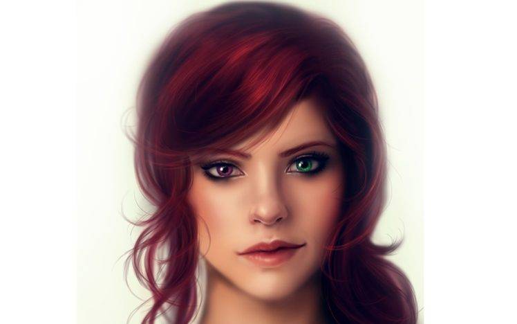 artwork, Green eyes, Redhead, Heterochromia, Purple eyes HD Wallpaper Desktop Background