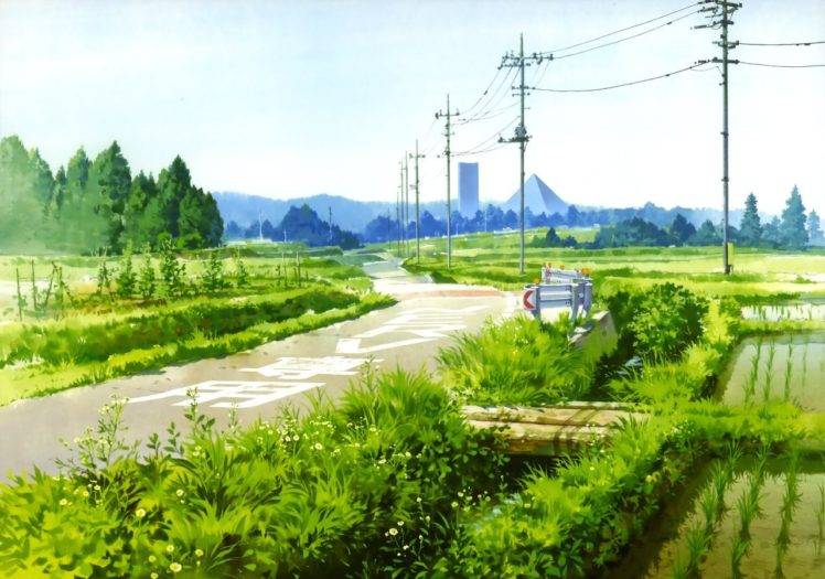 artwork, Road, Power lines, Plants, Utility pole HD Wallpaper Desktop Background