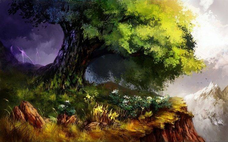 artwork, Trees, Mountain, Lightning, Cliff HD Wallpaper Desktop Background