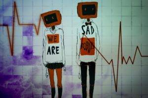 square, Robot, Television sets, Artwork, Sad, Sadness
