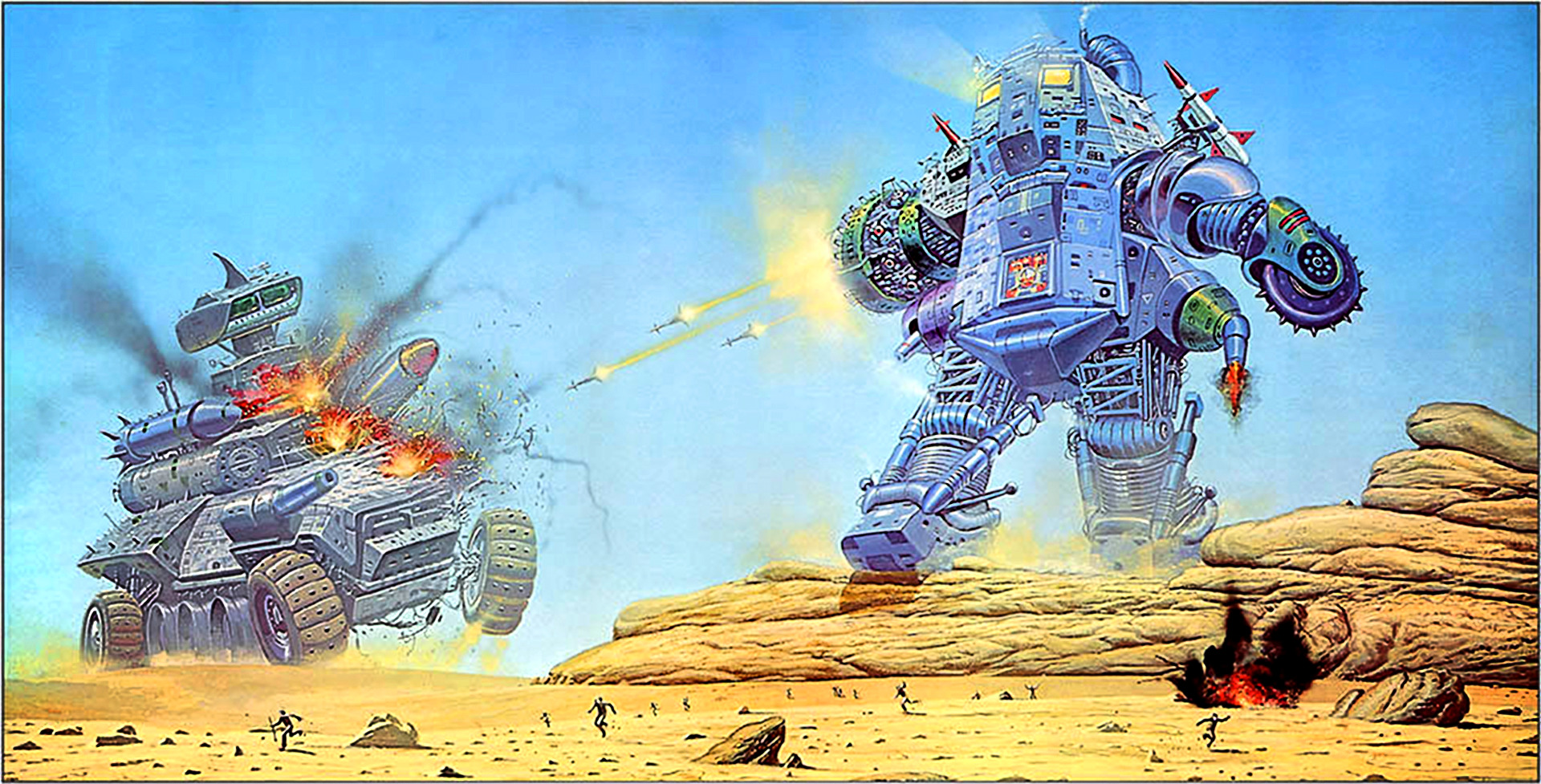 Angus McKie, Science fiction, Robot, Battle, Explosion, Artwork Wallpaper