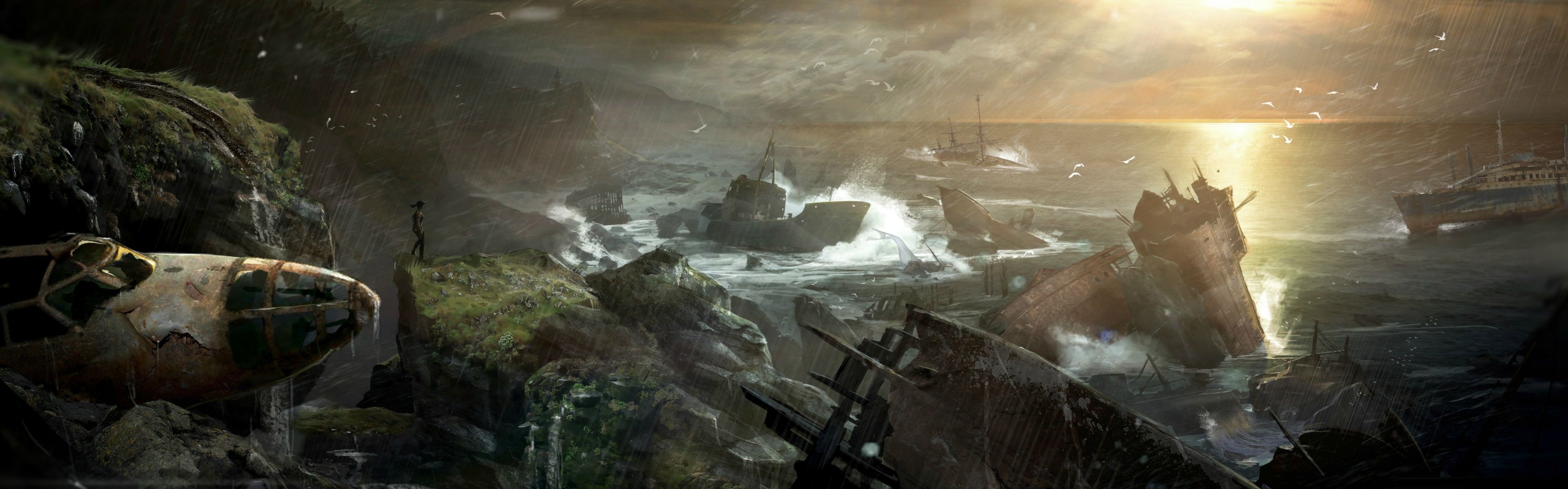 Tomb Raider, Shipwreck, Rain, Cliff Wallpaper
