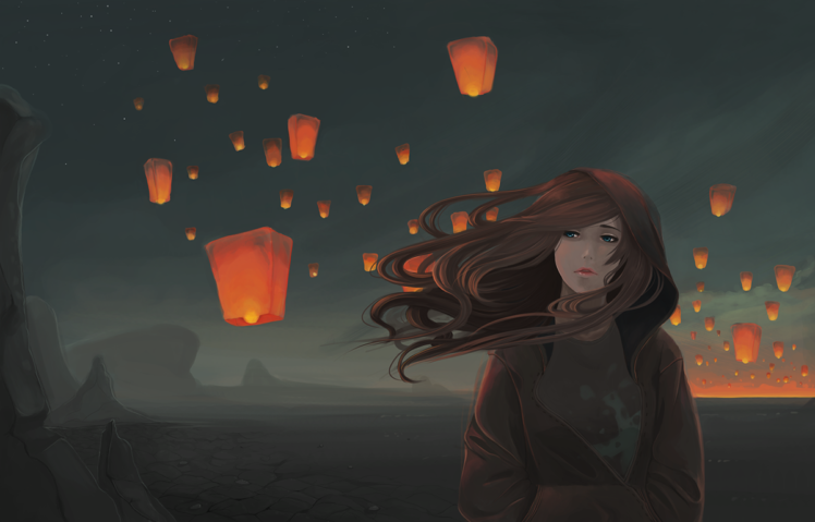 artwork, Windy, Sky lanterns, Desert, Blue eyes HD Wallpaper Desktop Background