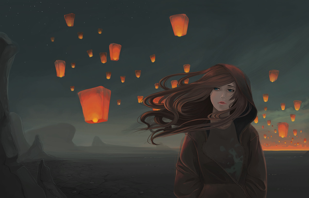 artwork, Windy, Sky lanterns, Desert, Blue eyes Wallpaper