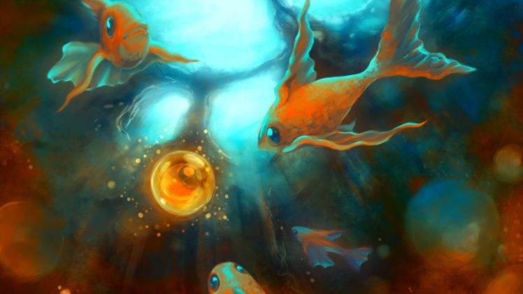 artwork, Bubbles, Fish, Goldfish, Underwater HD Wallpaper Desktop Background